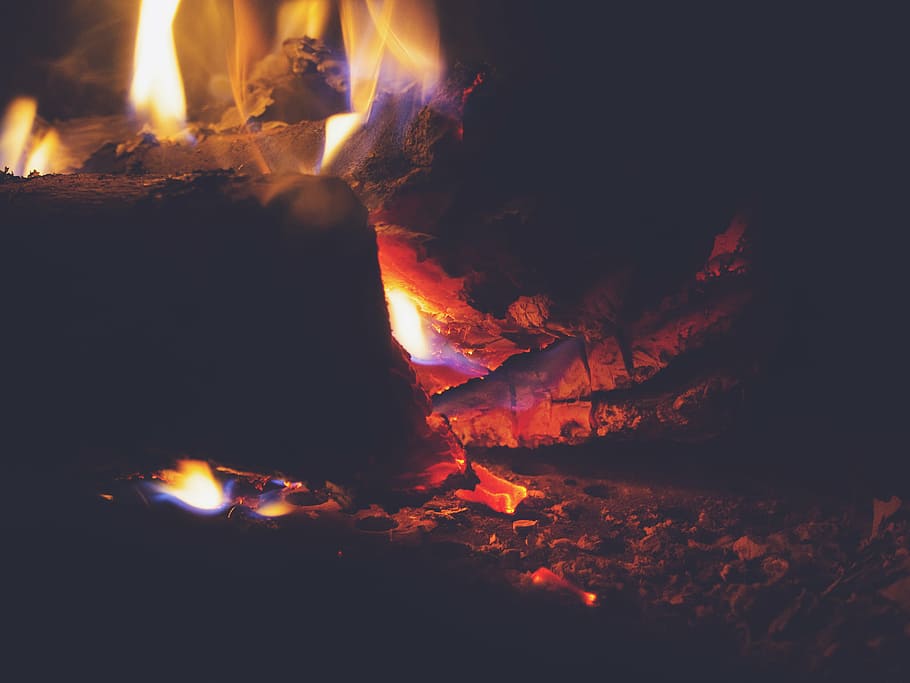 foto, api unggun, malam hari, closeup, api, perapian, kayu, log, pembakaran, suhu panas
