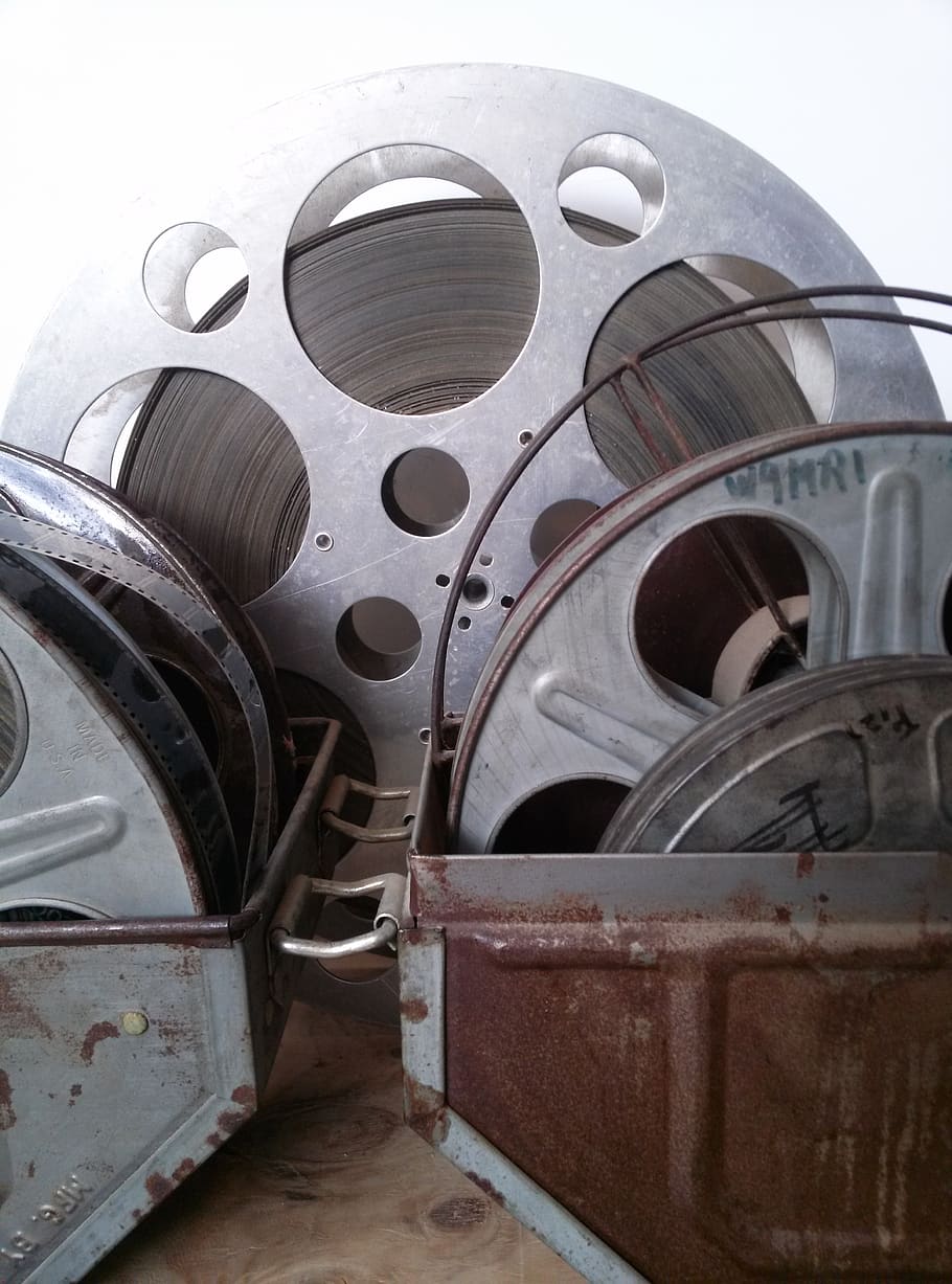 movies, film, old, reel, metal, machinery, indoors, transportation, day, close-up