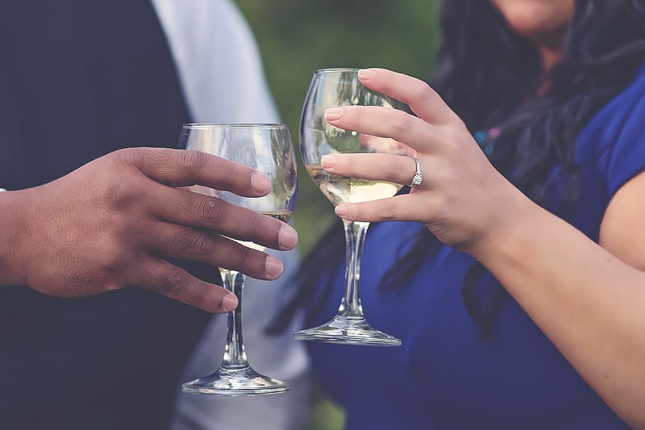man, woman, holding, wine glasses, Engaged, Happily Ever After, Celebration, engagement, love, romance