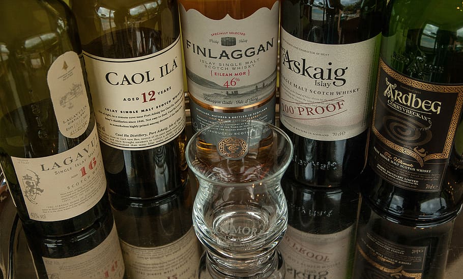 assorted-brand wine bottles, scotland, islay, whisky, distillery, peaty, alcohol, wine, bottle, wine bottle