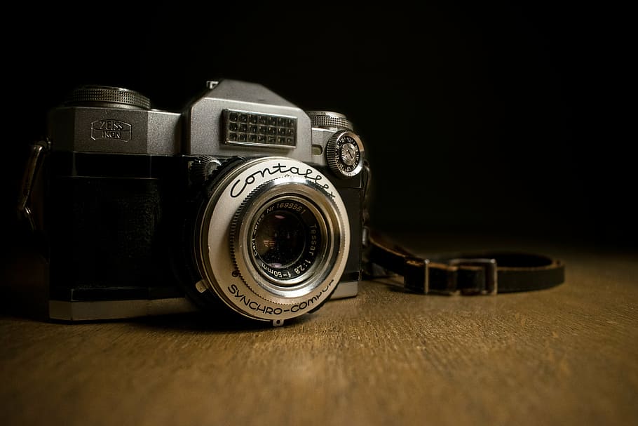 серебряный, черный, зеркальная камера, камера, объектив, фотография, фото, фотограф, марочный, старый