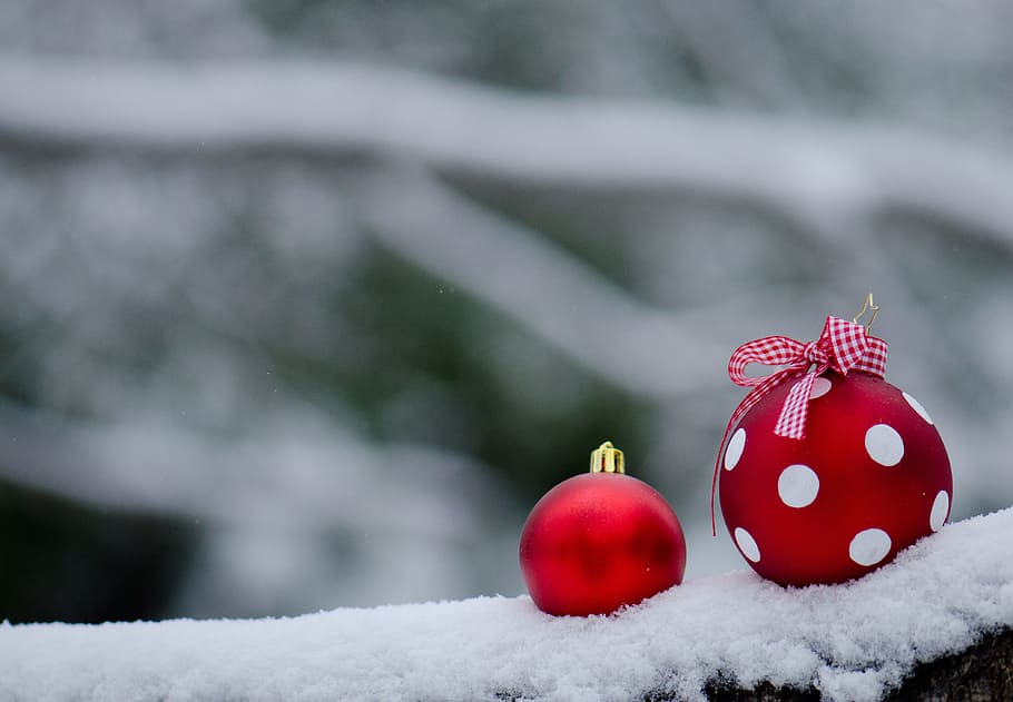 two red baubles, winter, snow, greetings, merry christmas, happy holidays, cold temperature, celebration, holiday, red