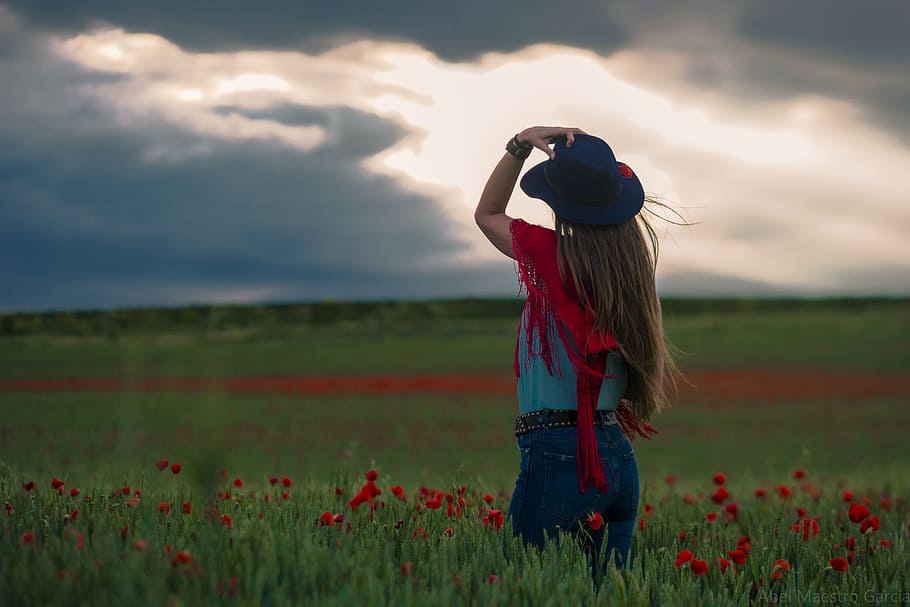 en, woman, holding, hat, flower, field, one person, land, sky, beauty in nature