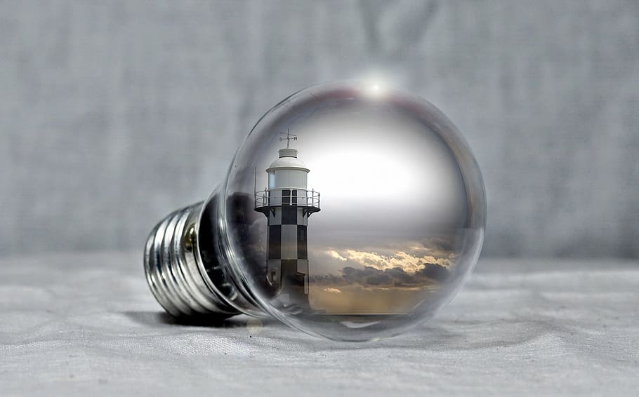 incandescent light bulb, lighthouse, pear, light bulb, sea, clouds, coast, light, lighting, energy