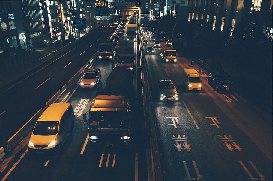 lalu lintas, mobil, truk, jalan, malam, gelap, Asia, gedung, kota, pusat kota