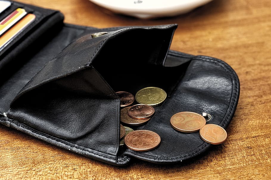 black, leather wallet, coins, cards, leather, wallet, money, currency, euro, pay