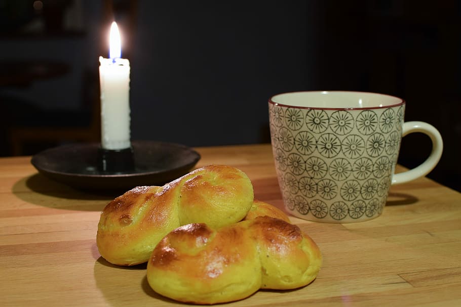Saffron Bun, Lussekatter, lucia, freshly baked, candle, table, food and drink, flame, indoors, food