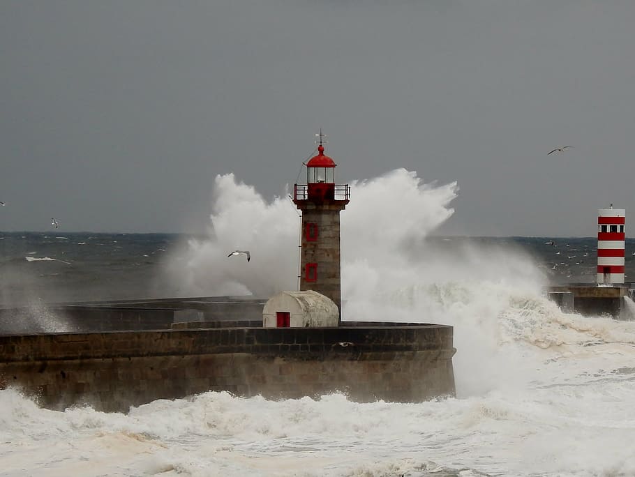 灯台, ポルト, ポルトガル, 海, 嵐, ハリケーン-嵐, ビーコン, 波, ポルト地区-ポルトガル, 危険