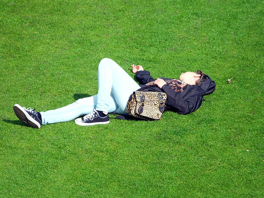 person, lying, grass, Relaxing, Girl, Woman, Femme, sleeping, female, handbag