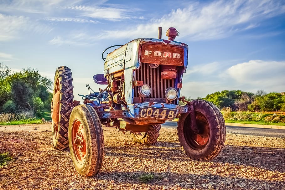 blue, tractor, field, old, antique, agriculture, machinery, rural, vehicle, vintage