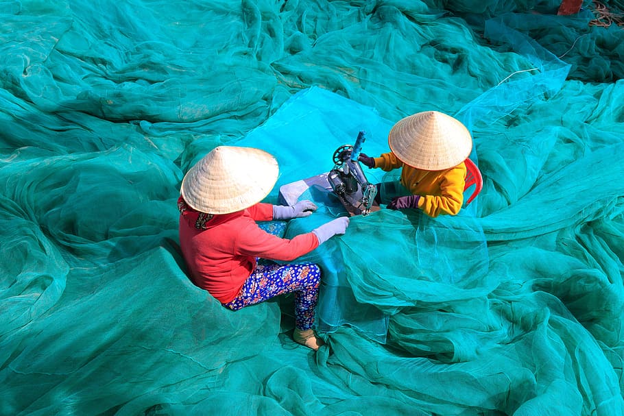 two, person, sewing machine, fishing, the fishermen, tongue, vietnam, cleanup, work, people