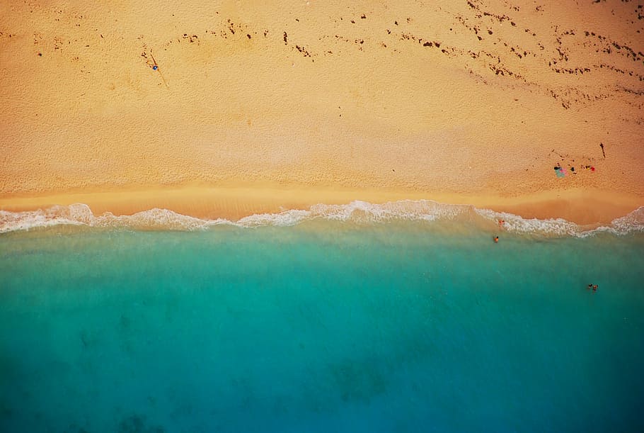 Antena, vista, orilla del mar, durante el día, verde, marrón, abstracto, pintura, playa, arena