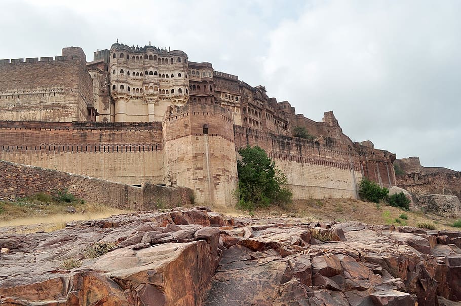 shallow, focus photography, brown, castle, white, cloudy, skies, daytime, fort, jodhpur