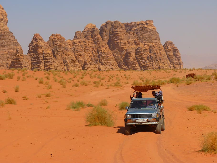 gray, pickup truck, desert field, wadi rum, negev, negev desert, jordan, holiday, travel, middle east
