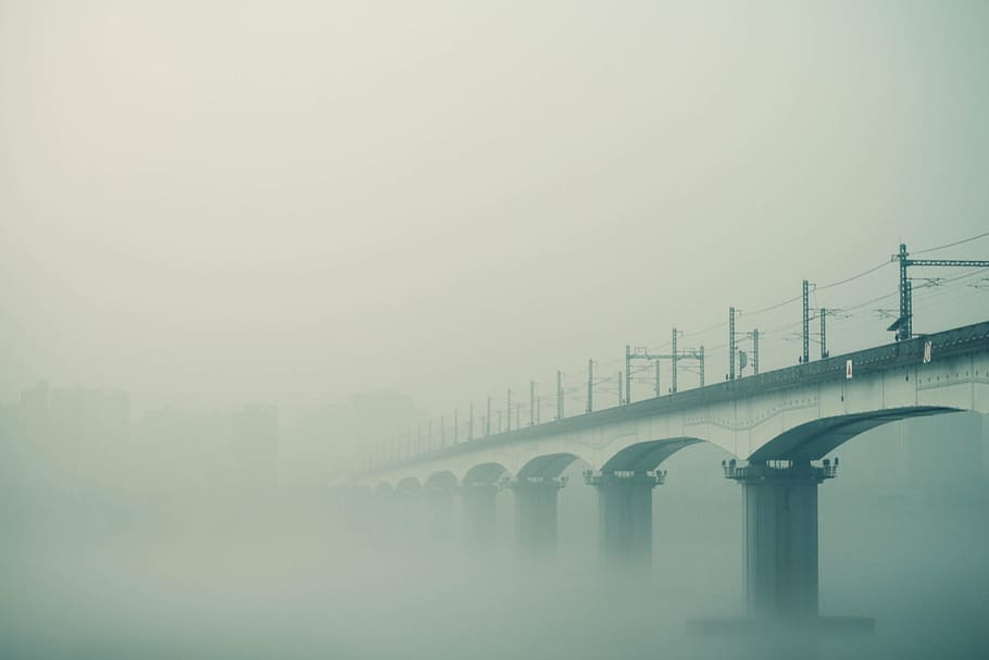 bridge, covered, fog, foggy, railway, landscape, sky, water, sea, travel