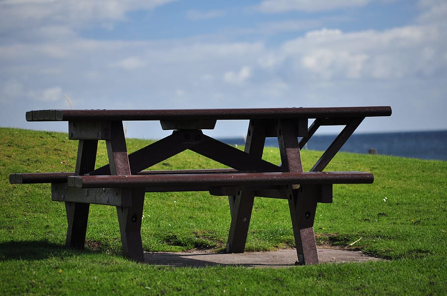 Dining Table, Bench, Picnic Table, grass, field, green color, cloud - sky, day, sky, nature