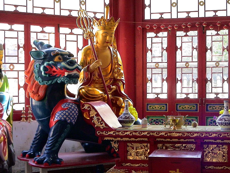 buddha statue, rectangular, red, table, daytime, untitled, dragon, figure, buddah, golden
