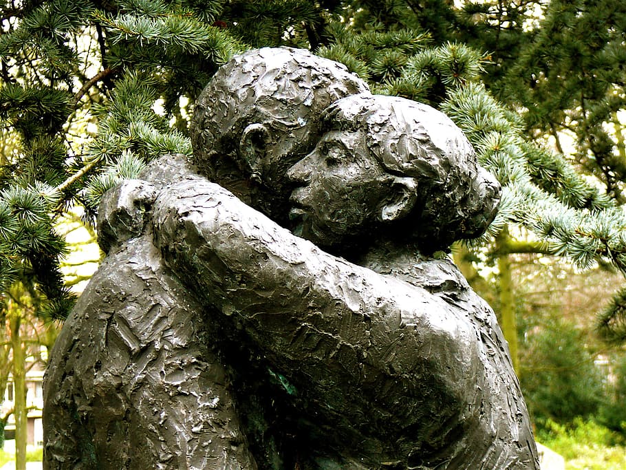 homem, mulher, abraçando, estátua, homem e mulher, perdoe, perdoe um ao outro, perdão, escultura, antiga