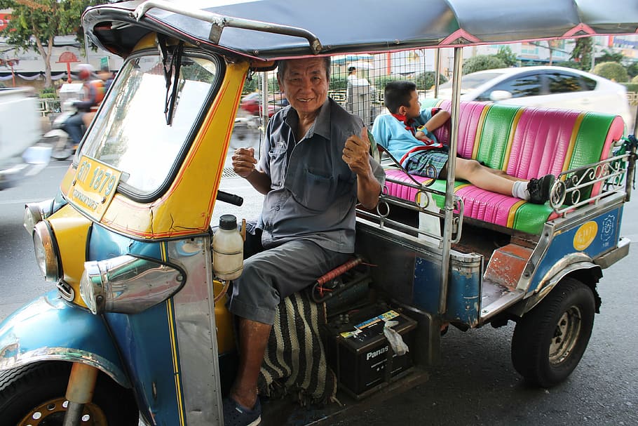 tuk tuk, thailand, city, mode of transportation, transportation, land vehicle, men, rickshaw, adult, real people