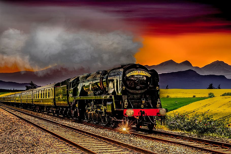 negro, amarillo, tren, ilustración puesta de sol, motor, ferrocarril, rieles, pista de carreras, transporte, horizontal