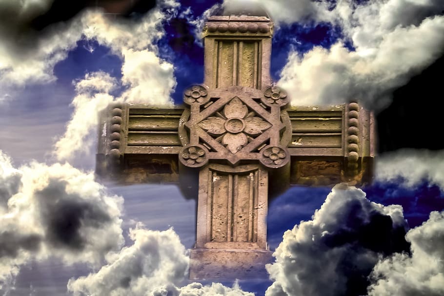 brown, concrete, cross, clouds wallpaper, clouds, christianity, sign of the cross, holy, faith, jesus