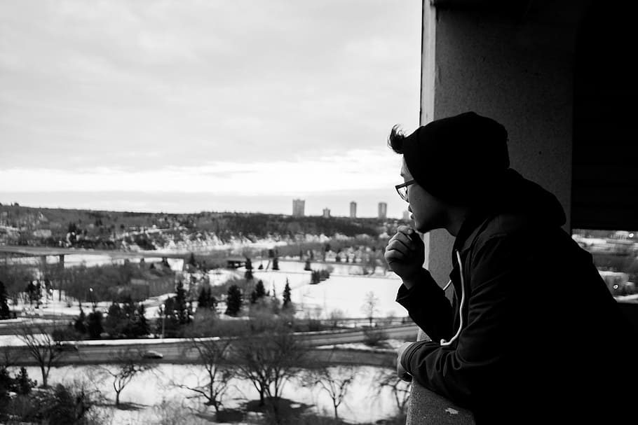 guy, looking, thinking, city, view, winter, snow, hat, toque, eyeglasses