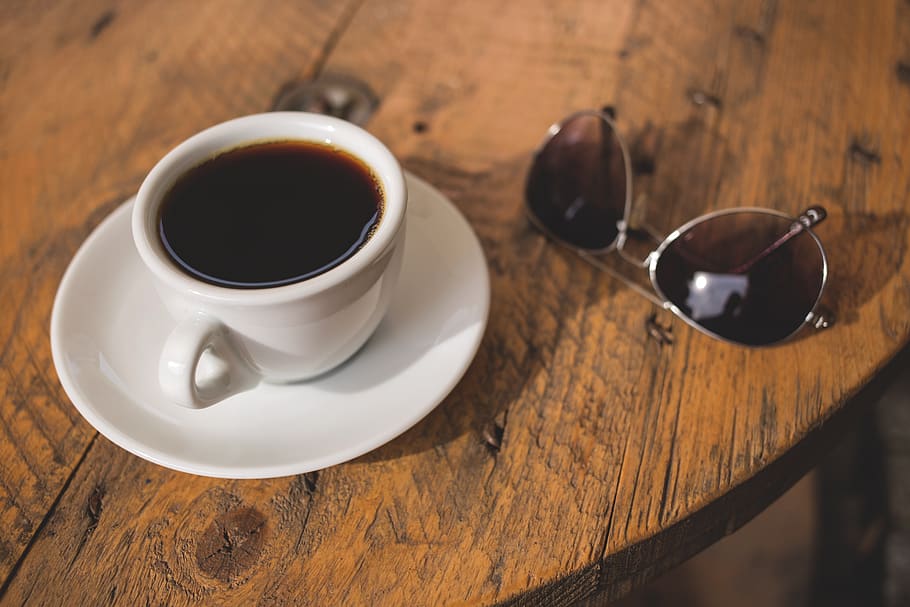 espresso, coffee, cup, table, wood, sunglasses, food and drink, drink, refreshment, crockery