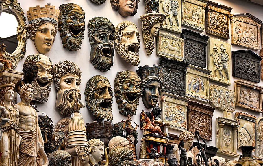assorted, head figurines, wall art decors, greece, souvenirs, masks, gods, mythology, greek, earthenware