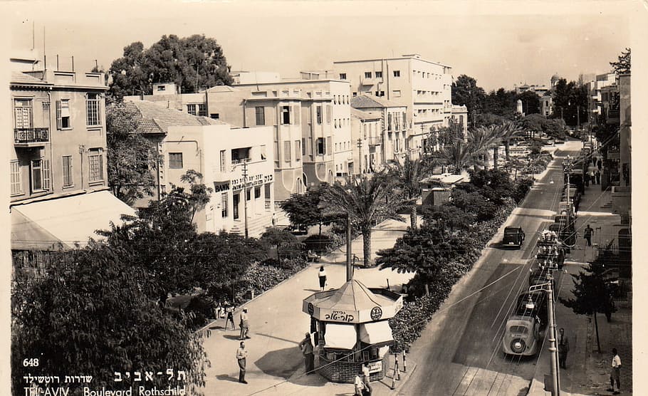 sekitar tahun 1930, Rothschild Boulevard, Tel-aviv, Israel, hitam dan putih, foto, domain publik, jalan, model tahun, arsitektur