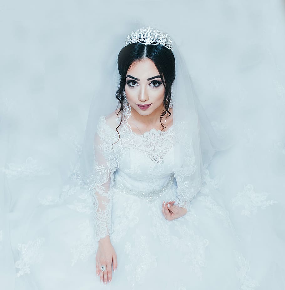 woman, wearing, white, floral, wedding dress, bride, wedding, beautiful, ring, gown