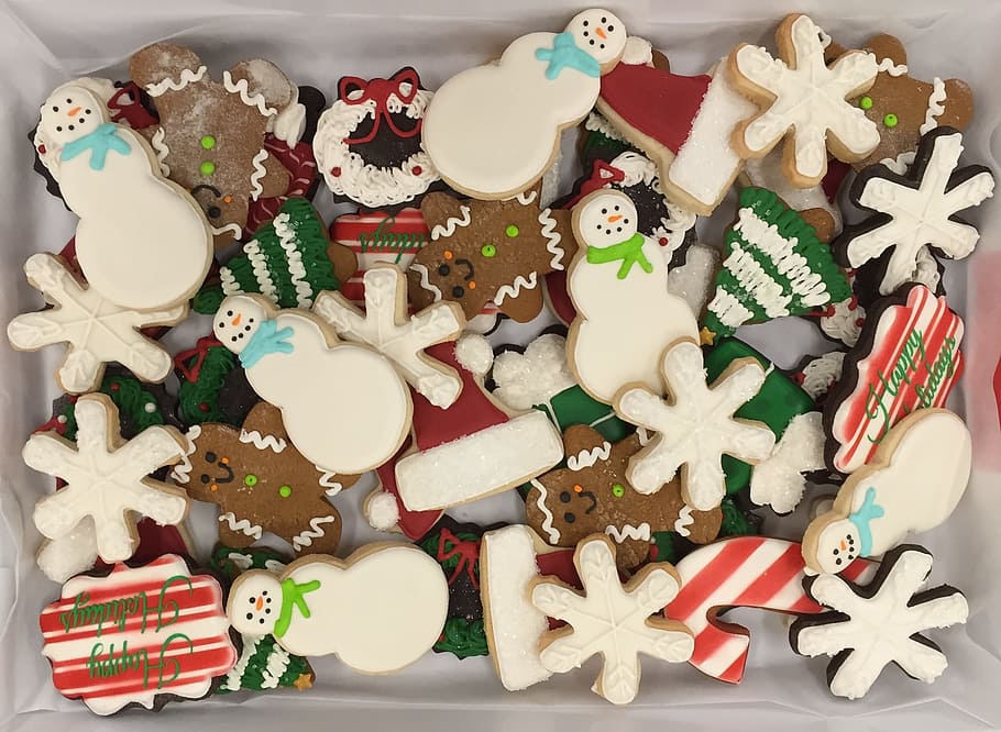 assorted-shape christmas-themed cookies, tray, Christmas, Cookies, Snowman, Snowmen, christmas, cookies, sugar, frosted, snowflake