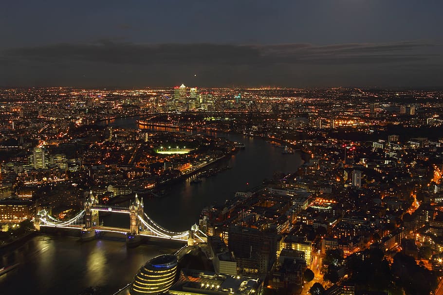 aerial, tower bridge, london, night, city, building exterior, architecture, cityscape, illuminated, built structure
