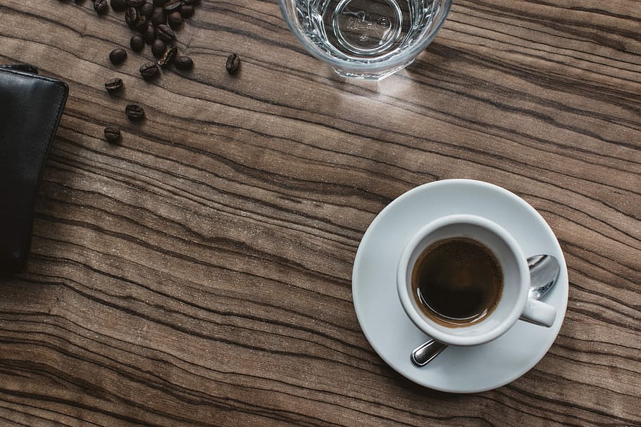 blanco, taza, Café exprés, café, vista superior, madera, mesa, café - Bebida, madera - Material, marrón