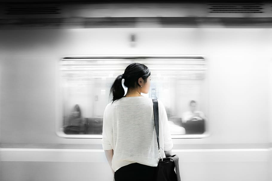 woman, standing, running, train, women, s, wearing, white, long, sleeve