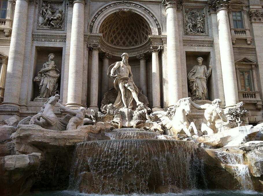 trevi fountain, fountain, sculptures, rome, ancient, roman, sculpture, architecture, human representation, representation