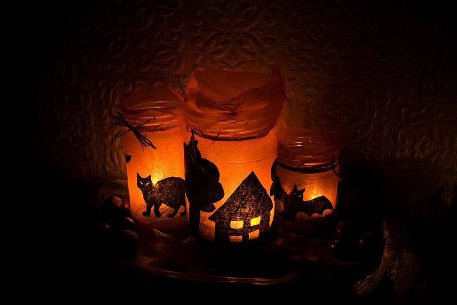 three, amber-and-black halloween, themed, mason jars, Halloween, Light, Candles, Scary, celebration, season