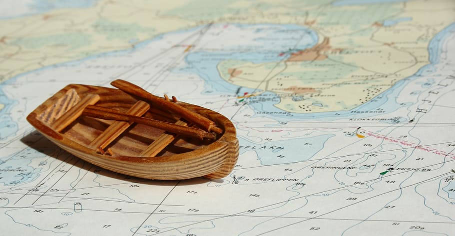 brown, wooden, miniature, boat, top, map, maritim, chart, ship, dinghy