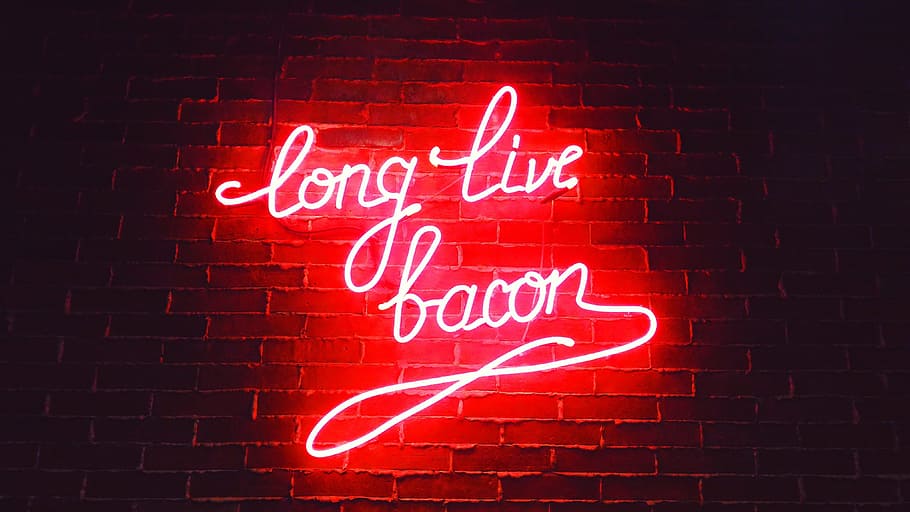white, red, neon signage, dark, night, light, store, restaurant, bacon, food
