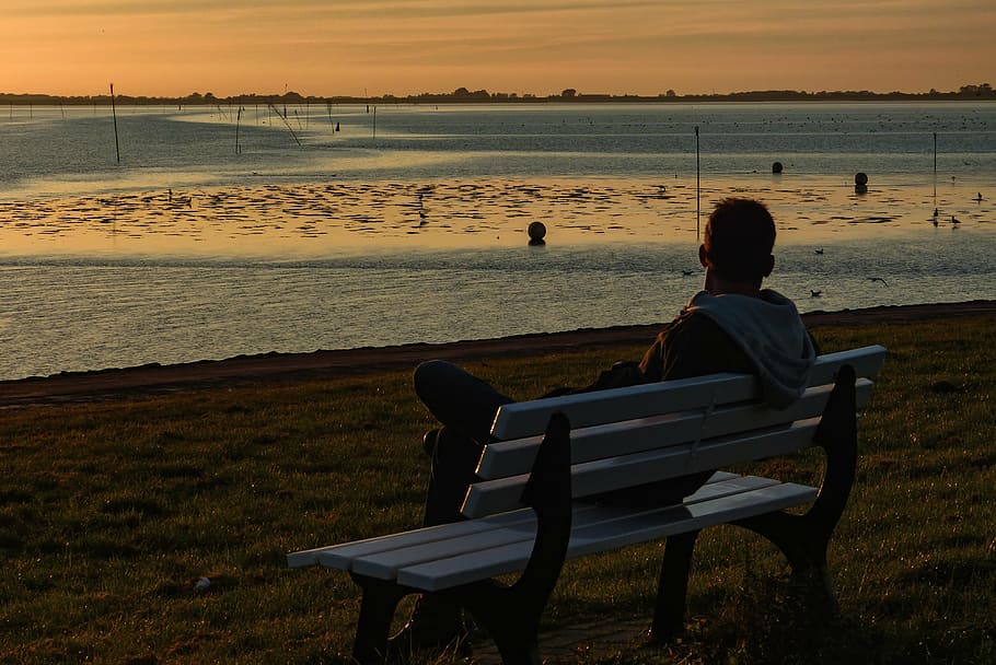 sunset, abendstimmung, wadden sea, north sea, nordfriesland, romantic, relaxation, sitting, water, real people