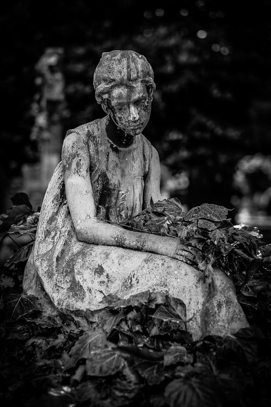 black white, cemetery, girl, statue, spooky, horror, grave, adult, evil, people