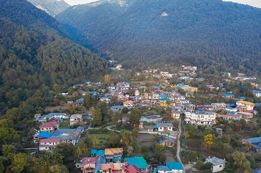 nature, himachal pradesh, homes in hills, manali, himachal, india, sky, landscape, forest, mountain