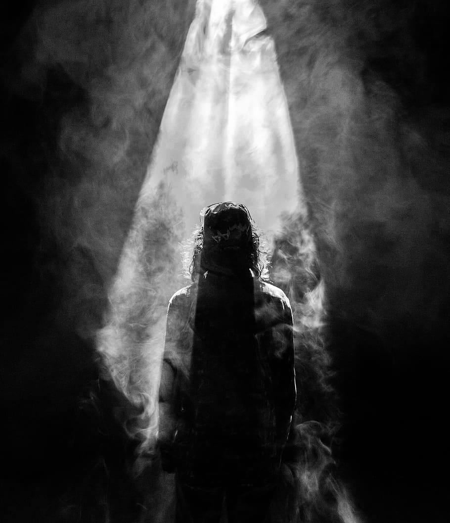silhouette, person, standing, room, fog, grayscale, black and white, tunnel, light smoke, people