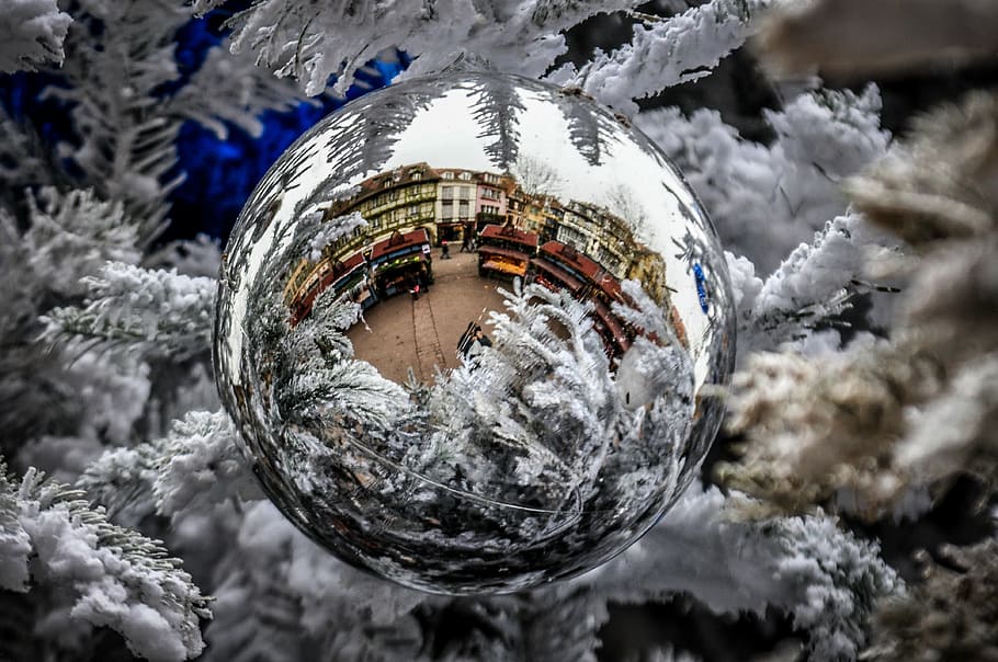 houses, trucks, reflected, silver-colored bauble decor, christmas ornament, decoration, ball, christmas balls, christmas, christmas tree