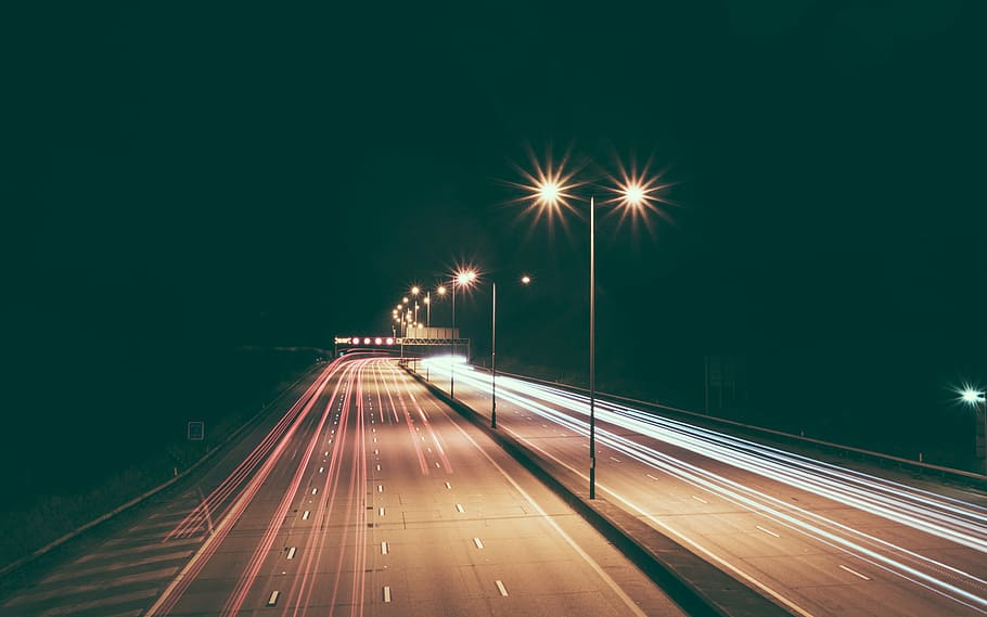 time-lapse photography, open, road, nighttime, landscape, speed, light, highway, lights, lamp posts