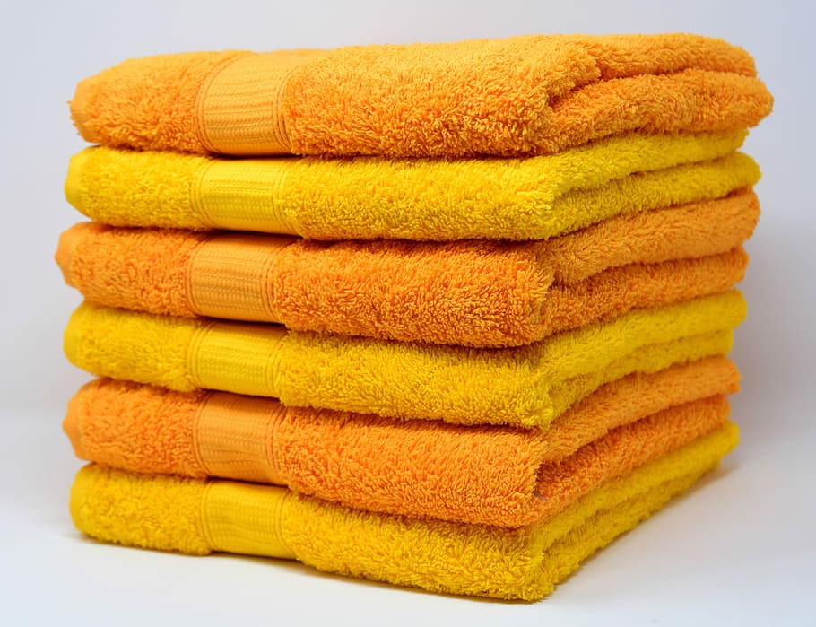 tumpukan, oranye, kuning, handuk, warna-warni, struktur, warna, lembut, jaringan, latar belakang