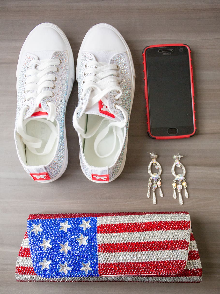 artilugio, Moda, fondo, zapatillas, Zapatos, teléfono, bolso, patriótico, americano, bandera