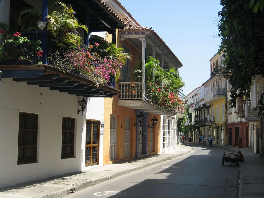 cartagena, colômbia, velho, sombra, rua, varandas, ensolarado, fresco, fachadas, arquitetura