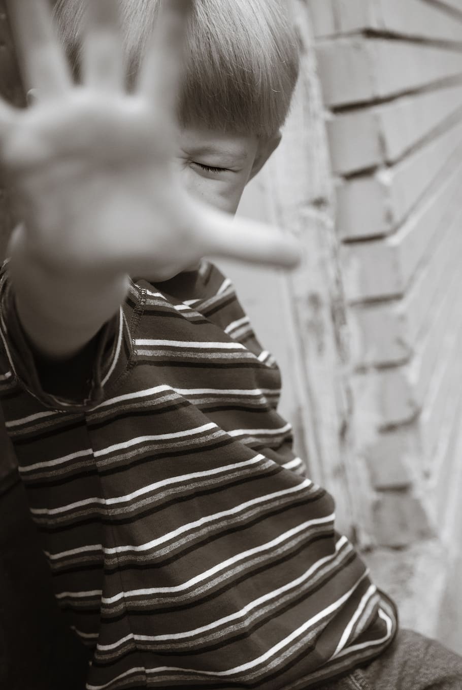 boy, covering, face, hand, grayscale photography, child, young, person, stop, stop bullying