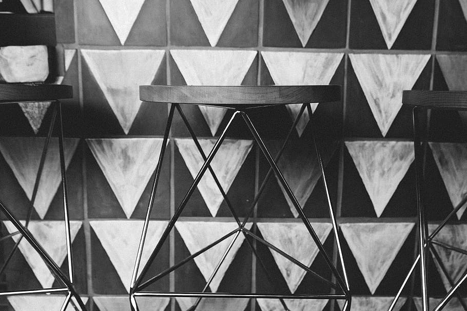 bangku, segitiga, hitam dan putih, bingkai penuh, latar belakang, pola, struktur yang dibangun, Arsitektur, tidak ada orang, Desain