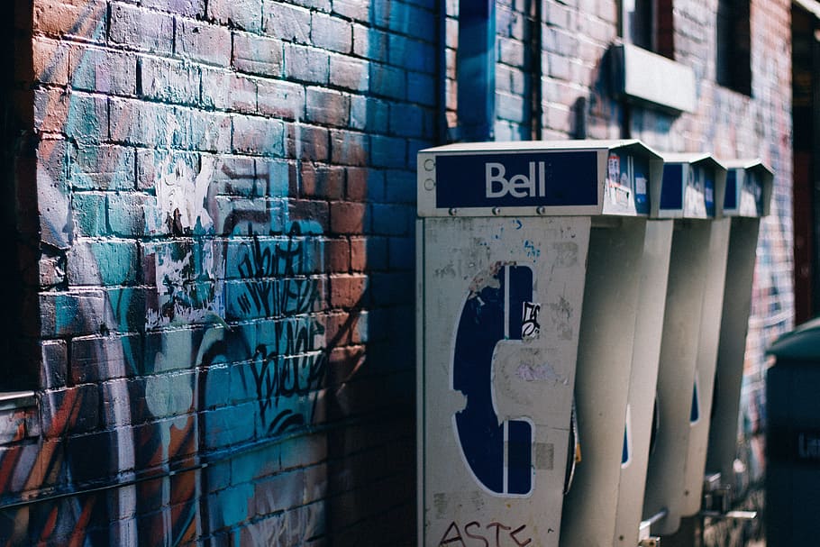 three, gray-and-blue telephone booth, art, brick wall, city, graffiti, payphones, street, telephone booth, urban